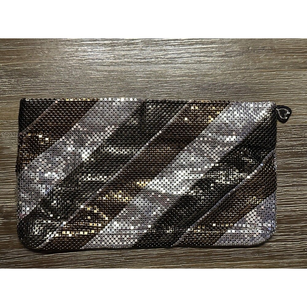 Vintage Whiting & Davis Gold Striped Mesh Metal Clutch Purse Evening Bag